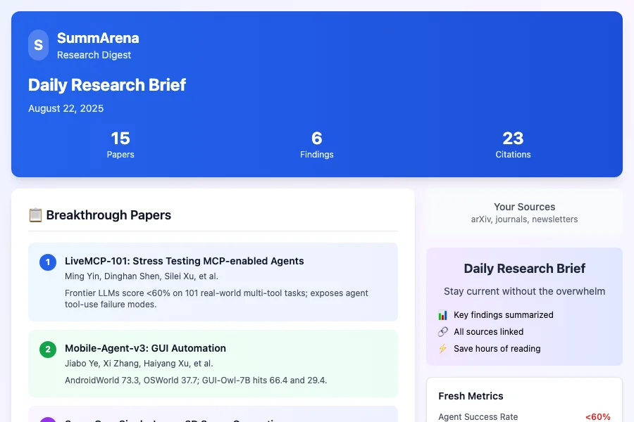 Sample SummArena brief showing research summaries with citations